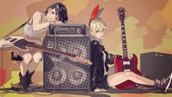  2girls alternate_costume ampeg amplifier arm_support bare_shoulders bass_guitar black_jacket blonde_hair blue_eyes brown_eyes brown_hair denim denim_shorts electric_guitar end_card fender_jazz_bass gibson_sg guitar hair_ribbon hairband instrument jacket kirisaki_chitoge leaning long_hair looking_at_viewer multiple_girls nisekoi non-web_source onodera_kosaki pomodorosa red_ribbon ribbon shorts sitting sleeveless speaker 