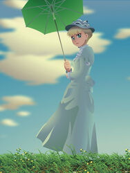  blonde_hair blue_dress blurry claude_monet_(style) cloud commentary_request depth_of_field dress eleanor_campbell female fine_art_parody grass hat holding holding_umbrella jun_(blue) no_lineart outdoors parody sky solo three_quarter_view umbrella victorian_romance_emma woman_with_a_parasol 