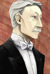  1boy bow bowtie commentary_request facial_hair formal grey_hair male_focus manly morihito moustache old old_man photoshop_(medium) solo stevens traditional_bowtie victorian_romance_emma 