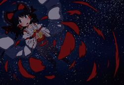  afloat black_hair blush bow candy commentary_request detached_sleeves female food hair_tubes hairbow hakurei_reimu highres jar konpeitou long_hair partially_submerged reflection skirt skirt_set sky solo sonson_(eleven) star_(sky) starry_sky touhou water wide_sleeves 