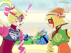  2girls angry arms_(game) beanie blonde_hair blorb_(arms) blue_eyes boxing_gloves chinese_clothes commentary_request dna_man_(arms) domino_mask facepaint glass goggles gonzarez green_eyes hat long_hair mask min_min_(arms) monster_boy multicolored_hair multiple_girls ponytail ribbon ribbon_girl_(arms) short_hair slime_boy two-tone_hair 