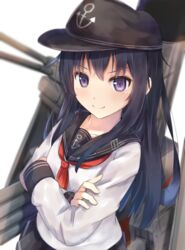  &gt;:) akatsuki_(kancolle) anchor_symbol blurry commentary_request crossed_arms cuon_(kuon) female kantai_collection long_hair machinery neckerchief purple_eyes purple_hair red_neckerchief sailor_collar school_uniform serafuku simple_background smile solo upper_body v-shaped_eyebrows white_background 