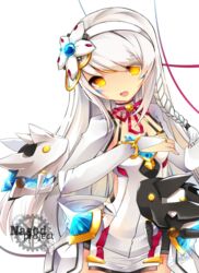  absurdres bad_id bad_pixiv_id braid bridal_gauntlets code:_electra_(elsword) detached_collar elsword eve_(elsword) female hairband highres long_hair moby_(elsword) remy_(elsword) robot sheltea skirt smile solo tattoo white_background white_hair yellow_eyes 