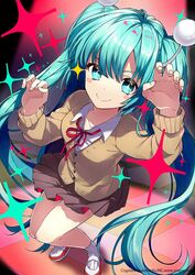  +_+ alien_alien_(vocaloid) andromedako andromedako_(cosplay) antennae aqua_eyes aqua_hair bad_perspective blush blush_stickers checkered_floor claw_pose commentary_request cosplay crypton_future_media female foreshortening hatsune_miku hatsune_miku_graphy_collection long_hair looking_at_viewer nayutalien neck_ribbon official_art ribbon school_uniform skirt smile sogawa solo spotlight star_(symbol) symbol-shaped_pupils twintails vocaloid watermark web_address 