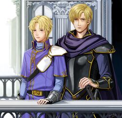  2boys annelie armor bad_id bad_pixiv_id blonde_hair cape fire_emblem fire_emblem:_the_binding_blade klein_(fire_emblem) male_focus multiple_boys perceval_(fire_emblem) purple_eyes sword teeth upper_body weapon 