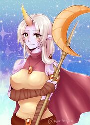  bare_shoulders breast_hold breasts cape colored_skin commentary_request female gem horns league_of_legends looking_at_viewer otani_(kota12ro08) purple_skin single_horn solo soraka_(league_of_legends) staff tattoo watermark white_hair 