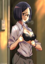  bad_id bad_pixiv_id bra commentary_request female glasses heavy_breathing hibike!_euphonium highres matsumoto_michie open_clothes pants red-framed_eyewear shirt solo sweat tokifuyua_sora underwear 