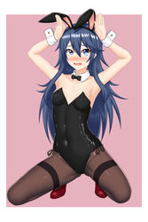  absurdres animal_ears armpits arms_up black_legwear blue_eyes blue_hair blush bow bowtie bunny_ears bunny_girl bunny_tail bunnysuit detached_collar embarrassed fake_animal_ears fire_emblem fire_emblem:_kakusei highres keshigomu leotard long_hair looking_at_viewer lucina oerba_yun_fang open_mouth outside_border pantyhose pink_background solo squatting tail thighband_pantyhose tiara wrist_cuffs 