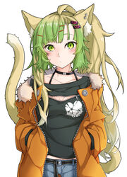  absurdres ahoge animal_ear_fluff animal_ears atalanta_(fate) belt black_belt black_choker black_shirt blue_pants blush breasts brown_hair cat_ears cat_girl cat_tail choker closed_mouth clothes_writing collarbone commentary_request ear_piercing fate/apocrypha fate_(series) female fur-trimmed_jacket fur_trim gradient_hair green_eyes green_hair hair_ornament hairclip hands_in_pockets highres jacket kirishina_(raindrop-050928) multicolored_hair open_clothes open_jacket orange_jacket pants photoshop_(medium) piercing print_shirt shirt simple_background small_breasts solo tail white_background 