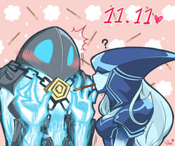  ? artist_name bad_id bad_pixiv_id blue_eyes blue_hair blue_skin blush chains colored_skin commentary english_commentary female food hands_up heart hood hood_over_eyes league_of_legends lissandra_(league_of_legends) long_hair mouth_hold photoshop_(medium) pocky sweatdrop xerath yan531 