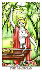  anthro as_above_so_below_pose bat blonde_hair blue_eyes breasts card card_template cleavage clothed clothing container cup destiny_savage female feralise flower fortune_telling fur furniture hair honduran_white_bat infinity_symbol leaf-nosed_bat looking_at_viewer major_arcana mammal melee_weapon microbat occult_symbol pentacle plant robe solo staff sword symbol table tarot tarot_card the_magician_(tarot) tree wand weapon white_body white_fur yangochiropteran 