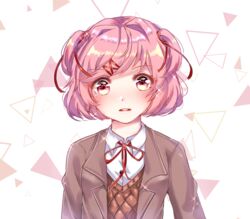  bad_id bad_pixiv_id blush commentary doki_doki_literature_club eyes_visible_through_hair female hair_ornament hair_ribbon hairclip jacket looking_at_viewer natsuki_(doki_doki_literature_club) orange_sweater_vest parted_lips pink_eyes pink_hair red_ribbon ribbon ronpu_cooing school_uniform shirt short_hair simple_background solo sweater_vest triangle two_side_up upper_body v-neck white_shirt 