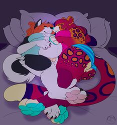  anthro bed canid canine carifoxleopard clothing duo felid female female/female fur furniture hair hi_res mammal overweight pillow pregnant smile underwear 