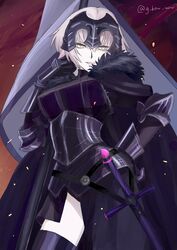  absurdres armor black_thighhighs breasts commentary_request fate/grand_order fate_(series) female g_bow_wow gauntlets grey_hair hand_on_own_hip helmet highres jeanne_d&#039;arc_alter_(avenger)_(fate) jeanne_d&#039;arc_alter_(avenger)_(first_ascension)_(fate) jeanne_d&#039;arc_alter_(fate) large_breasts looking_at_viewer pale_skin protected_link sheath sheathed short_hair smile solo sword thighhighs twitter_username weapon yellow_eyes 