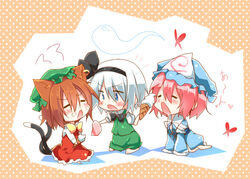  3girls animal_ears arm_support bad_id bad_pixiv_id blue_eyes brown_hair bug butterfly cat_ears cat_tail chen chibi closed_eyes drooling earrings food food_on_face hair_ribbon hairband hat heart ice_cream inose_riku jewelry konpaku_youmu konpaku_youmu_(ghost) multiple_girls multiple_tails open_mouth pink_hair ribbon saigyouji_yuyuko short_hair tail touhou white_hair 