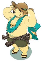  anthro bottomwear canid canine canis clothed clothing cu_sith_(tas) domestic_dog footwear fur hat headgear headwear kemono lifewonders male mammal osansyoup sandals scarf shorts simple_background slightly_chubby solo tokyo_afterschool_summoners topless white_background yellow_body yellow_fur 