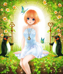  bad_id bad_pixiv_id bare_shoulders bird blue_eyes bug butterfly clock dress female flower highres orange_hair original penguin photoshop_(medium) plant short_hair sitting solo vines yuzu_5101 