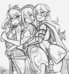  3girls alternate_costume artist_name azura_(fire_emblem) azura_(fire_emblem)_(cosplay) boots commentary_request corrin_(female)_(fire_emblem) corrin_(female)_(fire_emblem)_(cosplay) corrin_(fire_emblem) cosplay costume_switch fire_emblem fire_emblem_fates girl_sandwich greyscale hands_on_own_hips hinoka_(fire_emblem) hinoka_(fire_emblem)_(cosplay) md5_mismatch monochrome multiple_girls one_eye_closed pointy_ears resolution_mismatch ryev sandwiched simple_background source_smaller teeth thigh_boots thighhighs thighs white_background zettai_ryouiki 