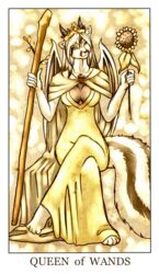  anthro black_body black_fur breasts card card_template cleavage cloak clothed clothing crown dragon dress female feralise flower fortune_telling fur hair headgear horn hybrid lapris mammal membrane_(anatomy) membranous_wings mephitid minor_arcana mythological_creature mythological_scalie mythology plant queen_of_wands_(tarot) royalty scalie skunk solo staff striped_skunk sunflower tail tarot tarot_card wands_(tarot) white_body white_fur white_hair wings 