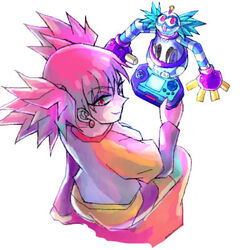  capcom colorman_exe earring eyeshadow female iroaya_madoi looking_at_viewer looking_back makeup pink_hair red_eyes rockman rockman_exe simple_background sitting smallres smile twintails white_background 