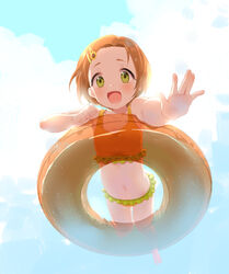  :d afloat bad_id bad_pixiv_id bikini blue_sky blush clenched_hand cloud collarbone day female flat_chest flower foreshortening frilled_bikini frills from_below full_body furururu green_eyes hair_flower hair_ornament hairclip idolmaster idolmaster_cinderella_girls innertube light looking_at_viewer navel open_mouth orange_bikini orange_hair outstretched_arm reaching reaching_towards_viewer ryuzaki_kaoru short_hair sky smile solo stomach sunflower sunflower_hair_ornament swim_ring swimsuit tankini tareme teeth 