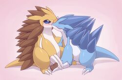  2018 alolan_form alolan_sandslash blue_body blue_eyes blush claws closed_eyes duo eyewear female feral generation_1_pokemon generation_7_pokemon glasses hi_res hibari kajinchu kissing male nintendo pink_background pokemon pokemon_(species) regional_form_(pokemon) sabari sandslash simple_background tan_body toe_claws white_claws 