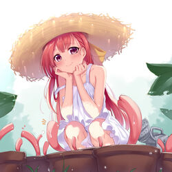  ako_ko_(yaguo) bare_shoulders blush commentary_request dress female hair_ribbon hat long_hair looking_at_viewer original red_eyes red_hair ribbon smile solo squatting strap_slip straw_hat sundress white_dress yaguo 