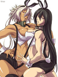  2girls alternate_costume alternate_hairstyle animal_ears arm_around_shoulder ass black_hair breast_press breasts collar commentary_request dark-skinned_female dark_skin dated fake_animal_ears glasses hair_between_eyes hand_on_own_hip kantai_collection large_breasts long_hair looking_at_viewer looking_to_the_side metal_collar multiple_girls musashi_(kancolle) nagato_(kancolle) no_panties open_clothes orange_eyes parted_lips pince-nez rabbit_ears rabbit_tail red_eyes sakuramon short_hair_with_long_locks short_shorts shorts suspenders symmetrical_docking tail thighhighs toned tsuzuki_masumi unbuttoned very_long_hair white_hair wrist_cuffs 