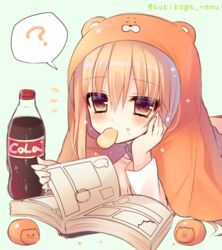  ? bad_id bad_pixiv_id blonde_hair blush book_focus bottle brown_eyes chips_(food) commentary_request doma_umaru female food food_on_face hamster_costume hand_on_own_cheek hand_on_own_face himouto!_umaru-chan long_hair manga_(object) potato_chips soda_bottle solo spoken_question_mark tsukikage_nemu 