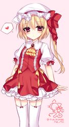  bad_id bad_pixiv_id blonde_hair commentary_request female flandre_scarlet garter_straps hat highres miniskirt mob_cap petticoat puffy_short_sleeves puffy_sleeves red_eyes short_sleeves side_ponytail skirt skirt_set solo thighhighs touhou tsukikage_nemu zettai_ryouiki 