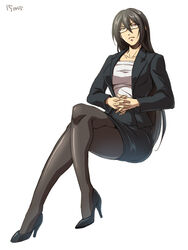  alternate_costume black_hair black_pantyhose breasts collarbone commentary_request crossed_legs dated female formal full_body glasses hair_between_eyes high_heels huge_breasts interlocked_fingers kantai_collection legs long_hair looking_at_viewer miniskirt nagato_(kancolle) own_hands_clasped own_hands_together pantyhose pencil_skirt red_eyes simple_background sitting skirt skirt_suit solo suit tsuzuki_masumi very_long_hair white_background 