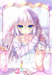  bad_id bad_pixiv_id bare_shoulders blue_dress blush braid braiding_hair breasts collarbone commentary_request cosmetics curtains dress female female_pov green_eyes hair_between_eyes hair_ornament hair_ribbon hairclip hairdressing heart heart_hair_ornament indoors lipstick_tube long_hair long_sleeves looking_at_viewer medium_breasts mirror mouth_hold nae-nae off_shoulder original pink_ribbon pov reflection ribbon ribbon_braid ribbon_in_mouth shampoo_bottle silver_hair solo table upper_body vanity_table very_long_hair 