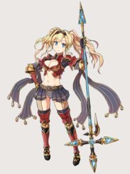  armor belt blonde_hair blue_eyes breasts cleavage commentary_request female gloves granblue_fantasy greaves hairband large_breasts long_hair looking_at_viewer midriff navel pauldrons pleated_skirt shoulder_armor showgirl_skirt skirt solo thighhighs twintails weapon yuugiri_(u-slash) zeta_(granblue_fantasy) 