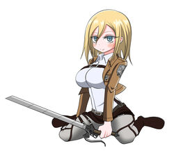  artist_request blonde_hair blue_eyes boots breasts christa_renz female female jacket large_breasts shingeki_no_kyojin simple_background solo sword 