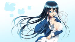  black_hair blue_background blue_eyes breast_hold breasts cleavage collared_shirt commentary_request female gradient_background hair_ribbon hand_on_own_chin khnchak large_breasts long_hair long_sleeves looking_at_viewer original parted_lips puffy_long_sleeves puffy_sleeves ribbon shirt skirt solo upper_body white_shirt wind 