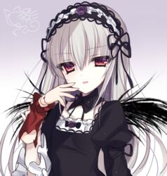  bad_id bad_pixiv_id black_wings commentary_request doll_joints female frills gothic_lolita gradient_background grey_hair hairband holding joints lolita_fashion lolita_hairband long_hair red_eyes rozen_maiden shinku solo suigintou torn_clothes tsukikage_nemu upper_body wings 