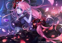  ahoge artist_name banshee black_dress blue_eyes blue_skin castle colored_skin commentary_request dated dress eudemons female fence hair_ornament hair_tie jewelry lf_(paro) long_hair low-tied_long_hair necklace official_art original petals photoshop_(medium) pink_hair pinky_out skull skull_hair_ornament solo stitches tears thorns tongue tongue_out unworn_jewelry unworn_necklace very_long_hair watermark 