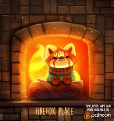  ailurid ambiguous_gender black_eyes brick clothed clothing digital_media_(artwork) digital_painting_(artwork) embers english_text feral fire fireplace flaming_fur flaming_tail fur humor log mammal orange_body orange_fur patreon patreon_logo piper_thibodeau pun red_body red_fur red_panda solo sweater tail text topwear visual_pun white_body white_fur wood yellow_body yellow_fur 