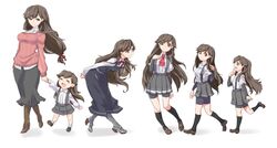  2girls ^_^ age_progression aged_down aged_up ajino_(sakanahen) arashio_(kancolle) arm_warmers bike_shorts boots brown_eyes brown_hair closed_eyes commentary_request dress kantai_collection kneehighs long_hair looking_back looking_to_the_side mother_and_daughter multiple_girls pantyhose pleated_skirt remodel_(kantai_collection) ribbon school_uniform shirt shoes skirt smile socks suspenders 