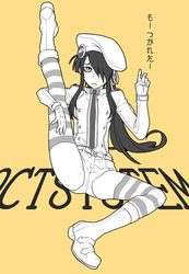  1boy black_hair boots buttons commentary_request cosplay double-breasted drifters expressionless fujiwara_riyu full_body gloves hair_over_one_eye hat knee_boots leg_up long_hair long_sleeves looking_at_viewer male_focus monochrome nasu_no_yoichi necktie olmine olmine_(cosplay) open_mouth otoko_no_ko parted_lips ponytail short_shorts shorts sidelocks simple_background sitting solo stretching striped_clothes striped_thighhighs thighhighs turtleneck yellow_background 