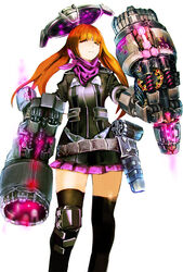  arm_cannon belt black_thighhighs character_request commentary cyborg dual_arm_cannons female halo knee_pads long_hair mechanical_arms mechanical_halo miniskirt neckerchief neon_trim orange_hair photoshop_(medium) red_eyes single_mechanical_arm skirt so-bin solo thighhighs twintails weapon white_background 