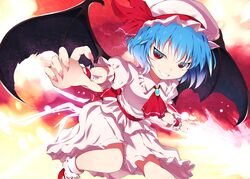  ascot bad_id bad_pixiv_id bat_wings blue_hair brooch fangs female fingernails grin hat hat_ribbon highres jewelry long_fingernails looking_at_viewer mizukami_ryouma outstretched_arms red_eyes remilia_scarlet ribbon sash shirt short_hair skirt skirt_set slit_pupils smile solo spear_the_gungnir touhou wings wrist_cuffs 