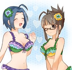  2girls akizuki_ritsuko bikini blue_hair brown_eyes brown_hair closed_eyes commentary_request flower folded_ponytail glasses hair_flower hair_ornament idolmaster idolmaster_(classic) mero_(iwao2) miura_azusa multiple_girls one_eye_closed short_hair smile swimsuit vivid_bikini_(idolmaster) 