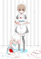  2girls absurdres amputee apron barefoot barikios bars bite_mark bleeding blood blood_on_clothes blood_on_face closed_eyes commentary dress dungeon frills gown guro highres injury knife limbs maid maid_apron maid_headdress multiple_girls naked_apron open_mouth original pain red_eyes severed_arm severed_limb shaded_face short_hair sitting skirt sweat symbol-only_commentary tears vampire wariza 