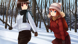  2girls akatsuki_miho akemiho_tabi_nikki backpack bad_id bad_pixiv_id bag black_hair blue_eyes brown_hair coat day down_jacket fukube_tamaki gendai_ninjakko_zukan gloves hat highres jacket kouno_hikaru looking_at_another multiple_girls outdoors red_eyes scarf short_hair skirt snow visible_air walking 