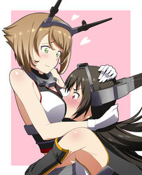  2girls bad_id bad_pixiv_id bare_shoulders black_hair breast_smother breasts brown_hair elbow_gloves face_to_breasts futami_(mg42fw190d) gloves green_eyes hairband hands_on_another&#039;s_head headband headgear heart hug kantai_collection large_breasts long_hair looking_at_another midriff multiple_girls mutsu_(kancolle) nagato_(kancolle) navel photoshop_(medium) pink_background profile red_eyes short_hair simple_background skirt yuri 