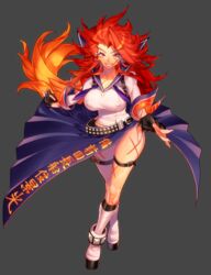  boots cross_scar facial_scar female fingerless_gloves full_body gloves grey_background grin kagemitsu_ryuuko kbtmsboy long_hair orange_hair red_hair sailor_collar scar shinken!! simple_background skirt smile solo thighs 