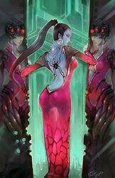  absurdres artist_name ass back_tattoo backless_dress backless_outfit bare_back black_hair bodysuit commentary dated door dress earrings english_commentary female hair_pulled_back head-mounted_display highres jewelry lips logo long_hair overwatch overwatch_1 photoshop_(medium) pink_bodysuit ponytail purple_skirt shizi_(10z) skirt solo tattoo thighs very_long_hair widowmaker_(overwatch) yellow_eyes 