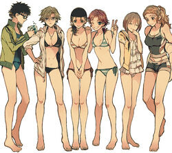  6+girls :3 :d ^_^ arm_at_side bandaid bandaid_on_face bare_legs barefoot bikini black_bikini black_hair blonde_hair blue_eyes blue_one-piece_swimsuit blush breasts brown_eyes brown_hair carrying cleavage closed_eyes closed_mouth collarbone commentary_request contrapposto cup drawstring drink embarrassed frills fuji_shuusuke full_body genderswap_(mtf) glasses grin hair_over_shoulder hand_on_another&#039;s_shoulder hand_on_own_hip holding hood hood_down hooded_jacket innertube inui_sadaharu jacket jacket_over_swimsuit jewelry kawamura_takashi kikumaru_eiji large_breasts legs_apart legs_together light_brown_hair light_frown liquid long_hair long_sleeves looking_at_another looking_at_viewer low_ponytail midriff mug multicolored_hair multiple_girls navel necklace one-piece_swimsuit one_eye_closed ooishi_shuuichirou open_mouth parted_bangs profile red_hair rule_63 sachiko_(omame) school_swimsuit short_hair short_sleeves shorts side-tie_bikini_bottom simple_background sleeveless smile spill standing standing_on_one_leg striped_bikini striped_clothes sweatdrop swim_ring swimsuit tank_top tennis_no_ouji-sama tezuka_kunimitsu thigh_gap track_jacket v v_arms white_background white_one-piece_swimsuit 