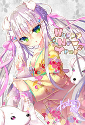  2018 :o animal animal_ears bad_id bad_pixiv_id blush canine chinese_zodiac commentary_request dog_ears dutch_angle female floral_print green_eyes hair_between_eyes hair_ornament hair_ribbon hairclip happy_new_year heart heart_hair_ornament japanese_clothes kimono long_hair looking_at_viewer looking_to_the_side nae-nae nengajou new_year obi original parted_lips pink_ribbon print_kimono ribbon sash sidelocks signature solo twintails very_long_hair white_hair year_of_the_dog yellow_kimono 